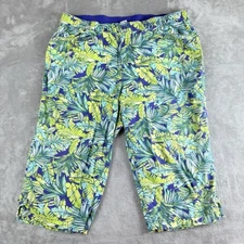 Catherines Capri Pants Women 0X Blue Green Yellow Tropical Leaves Elastic Waist