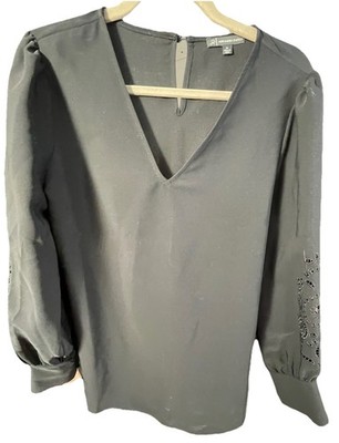 Adrianna Papell Black Long Sleeve Blouse W/ Puff Sleeves & Laser-cut Details Med