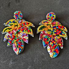 Multicolor Beaded Palm Tree Dangle/Drop Earrings, No Stone, Lobe Ear Area