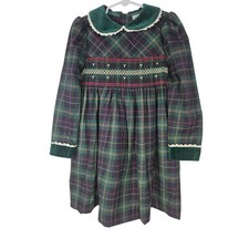 B.T. Kids Vintage Green Plaid Smocked Dress W/Velvet Peter Pan Collar. Size 4/5