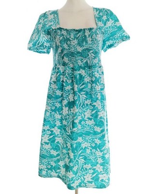 ISOLDE Damen A-Linien-Kleid Gr. XXL Türkis Baumwolle 100% Kurzer Ärmel Midi