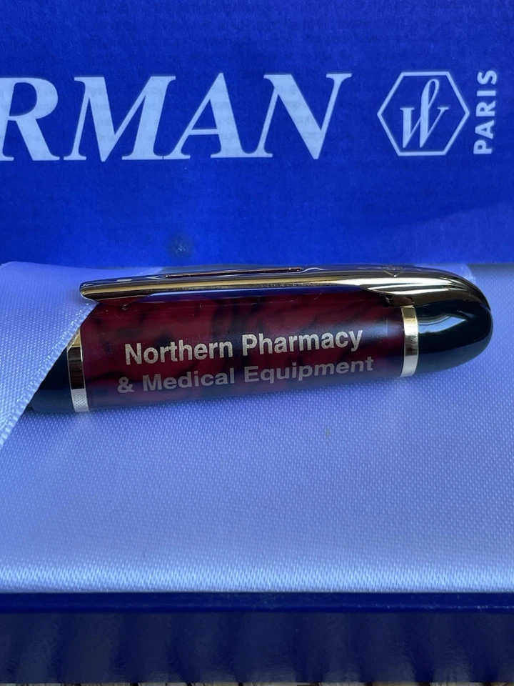 Caneta esferográfica e estojo NOS Advertising Waterman França mármore vermelho com acabamento dourado - Imagem 3 de 4