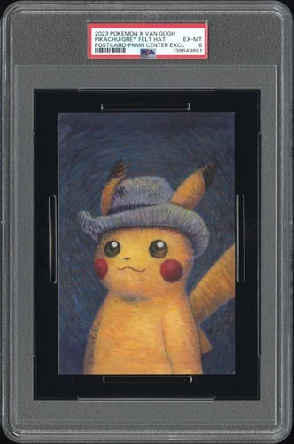 2023 POKEMON X VAN GOGH POSTCARD PIKACHU WITH GREY FELT HAT PSA 6