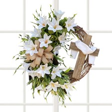 Easter Wreath for Front Door Decor Artificial White Lilies with Cross Wreath