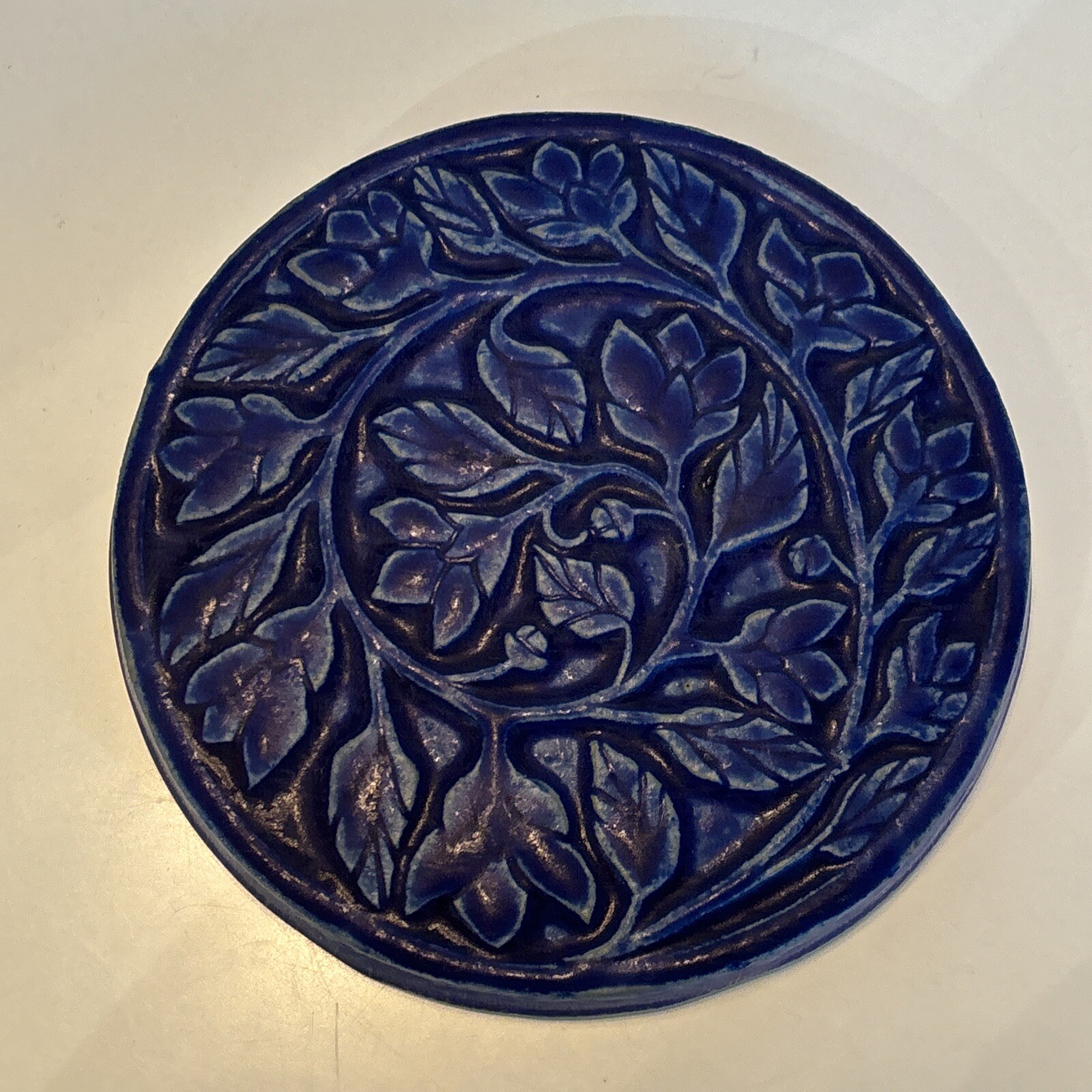 Pewabic Pottery Detroit Ivy Trivet Tile 7” Round Cobalt Blue Glaze 1995