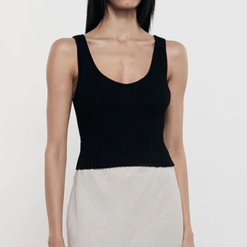 Enza Costa Ribbed Cropped Scoop Tank Top in Black Casual Quiet Luxury Minimal
