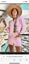 Zara Pink Tweed Jacket And Shorts Suit In Size Medium With Diamonte Buttons