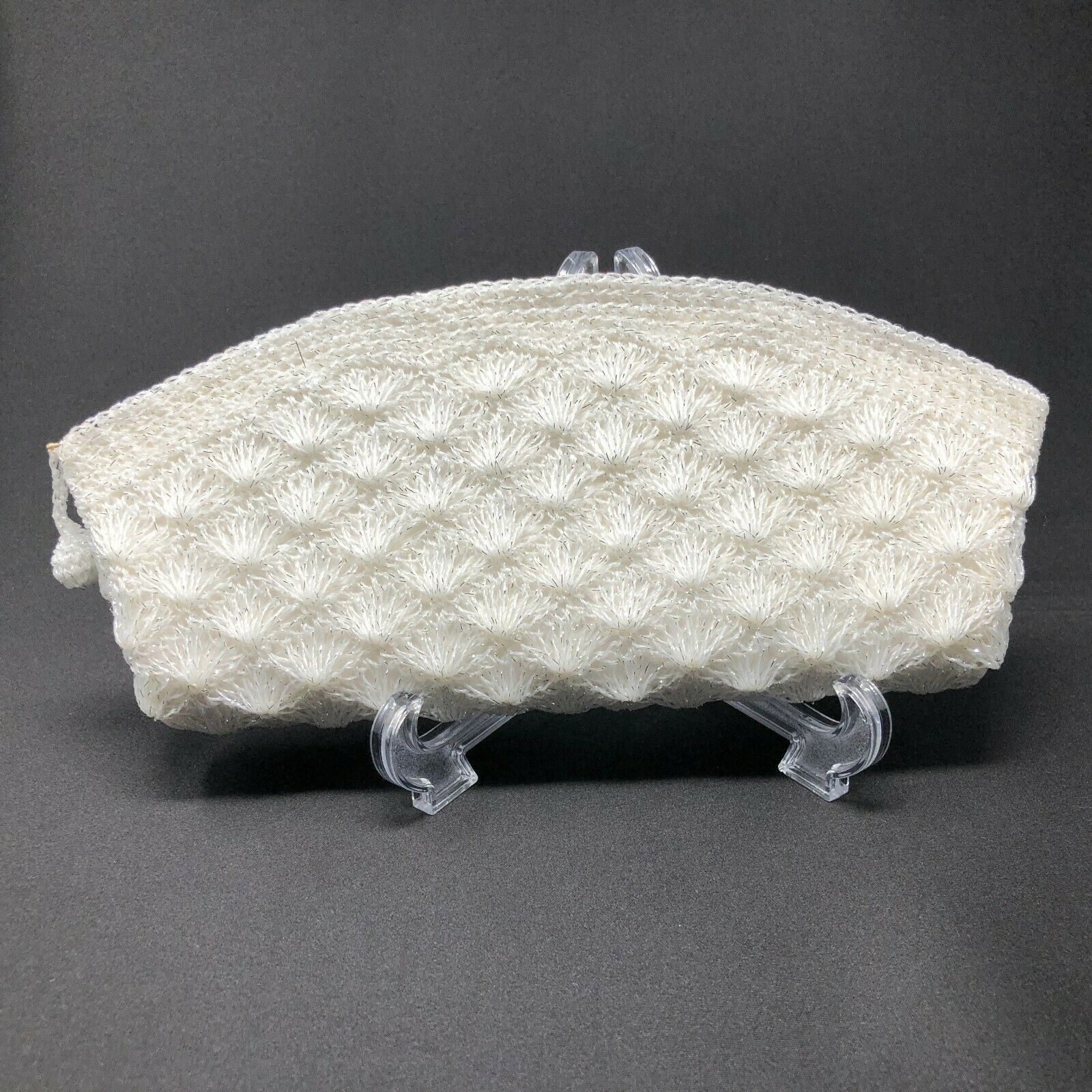 Vintage White Crochet Handbag Full Zip Silver Tin… - image 6