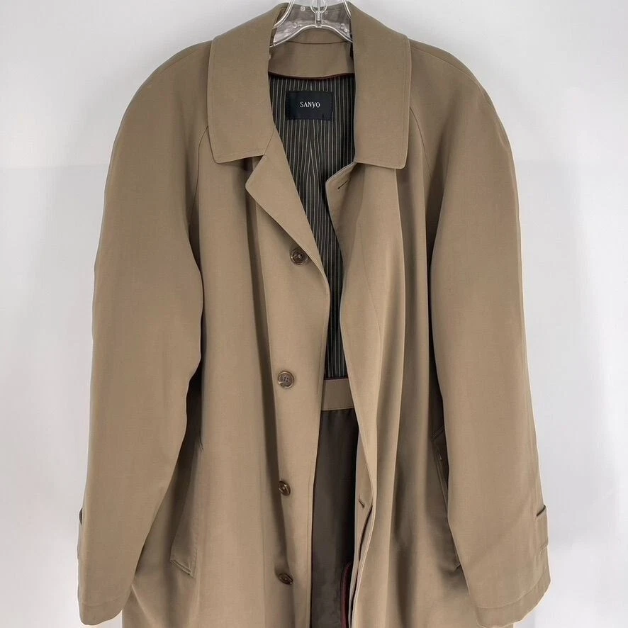 Sanyo Size 42 Mens Tan Button Front Lined Trench Coat