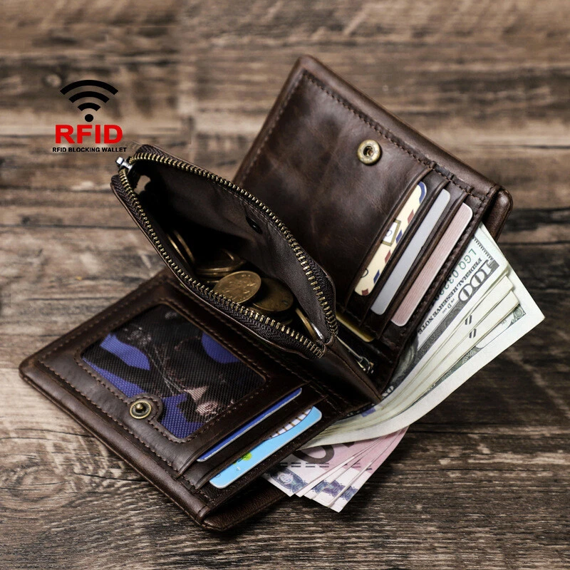 Mens Wallet Genuine Leather RFID Zipper Bifold Credit Card Holder