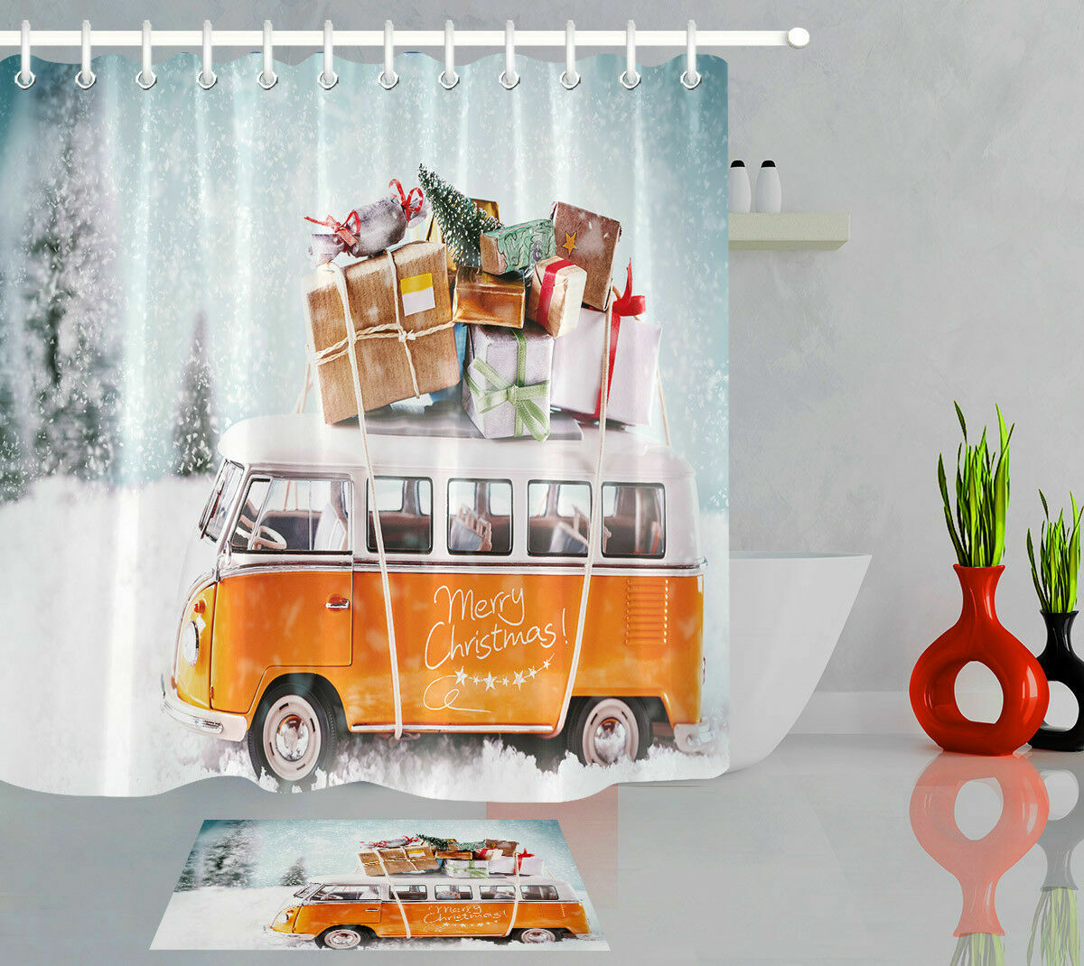 SAOLA Set tenda doccia camion di Natale tessuto impermeabile decorazione bagno ganci gratuiti