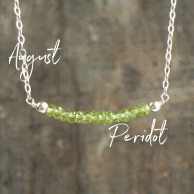 Green Peridot Faceted Rondelle Gemstone Silver Chain 18'' Delicate Bar Necklace