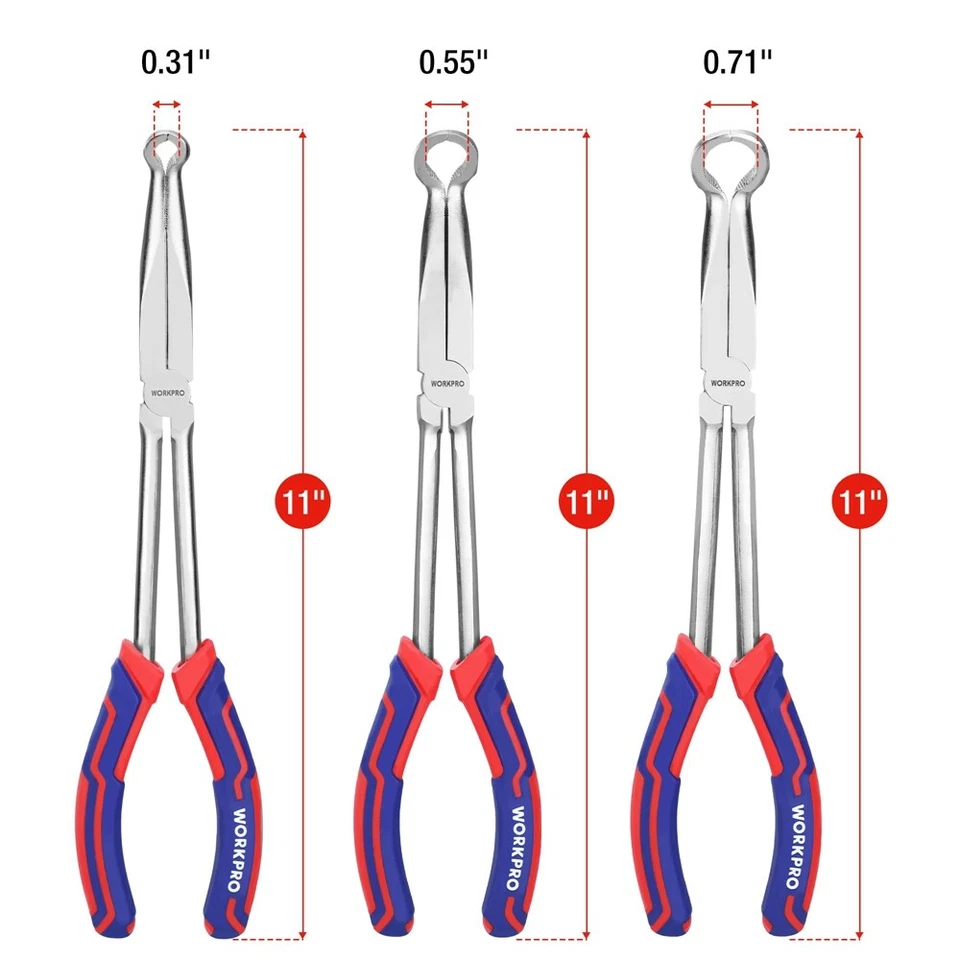WORKPRO 3PC Long Reach Hose Grip Pliers Set 11" Ring Nose Hose Gripper Plier USA - Image 4 of 4