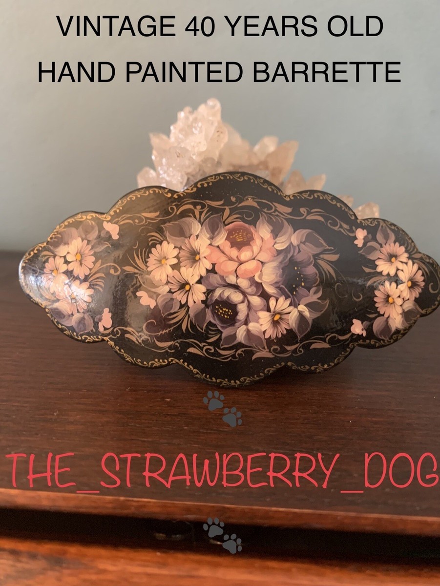 VINTAGE HAIR BARRETTE LARGE FLORAL WOODEN HAND PAINTED  display picture 1