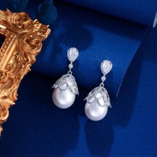 Exquisite Silver Plated Long Pearl Dangle Drop Earrings Zirconia Wedding Jewelry