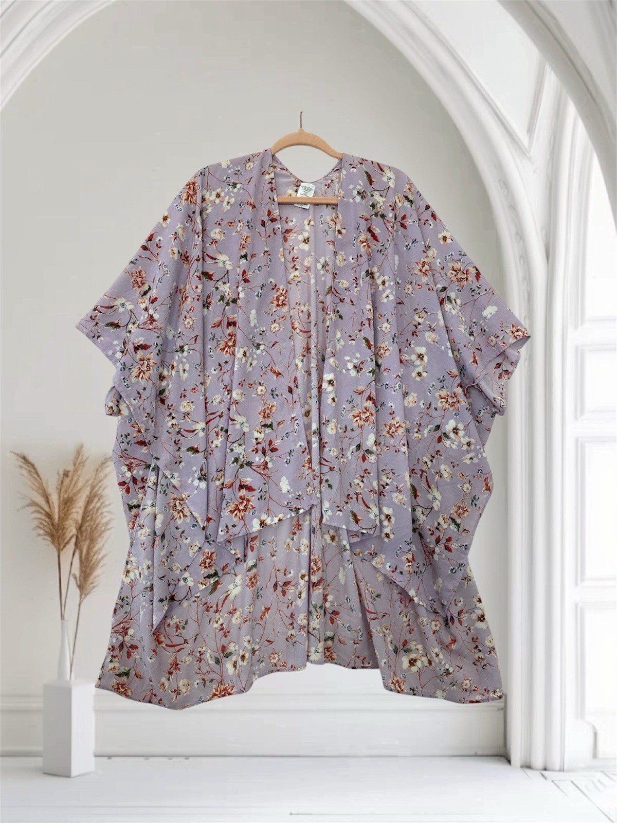 Womens Lavender Floral Open Front Kimono Top One Size Romantic Boho Chic