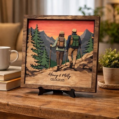 Personalized Hiking Couple Gift Custom Wooden Layered Art Adventure Couple Decor