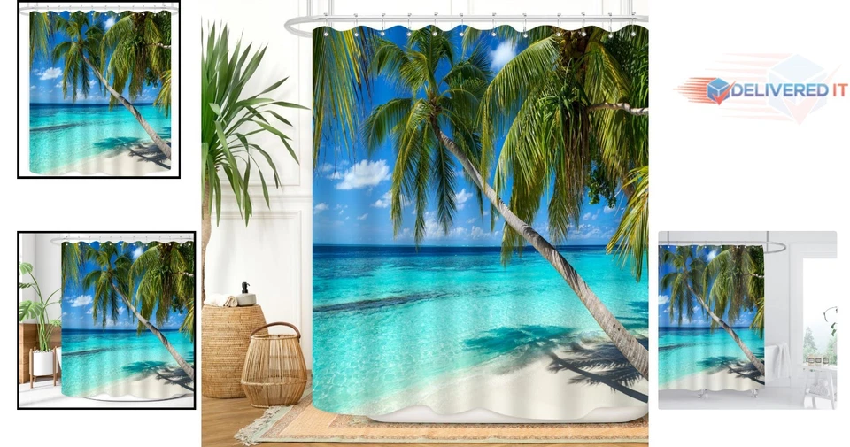Tropical Beach Shower Curtain Waterproof Polyester Fibers with 12 Hooks - Image 2 of 4