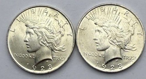 (2)-1923 Peace Silver Dollars-AU/BU-Philadelphia Mint-2 Coin Lot-Free Shipping.