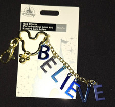 NEW DISNEY PARKS BELIEVE MICKEY MOUSE EAR BLUE METALLIC HAND BAG CHARM KEY CHAIN