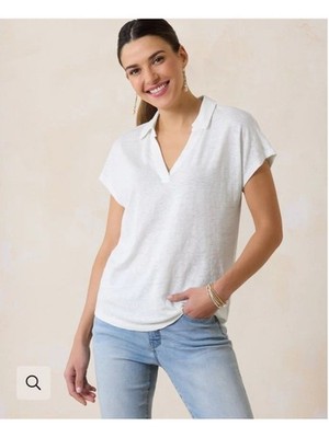 Tommy Bahama Women s Linnea Johnny Collar Short Sleeve Linen Tee M White