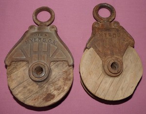 Lot of 2 Vintage Myers Wooden & Cast Iron Farm Pulleys H310/H311 & H463/H464