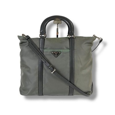 PRADA 2WAY Tote Bag Tessuto Nylon Gray Khaki Triangular Logo