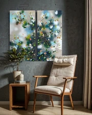 Botanical diptych wall art green floral painting on canvas nature inspired decor