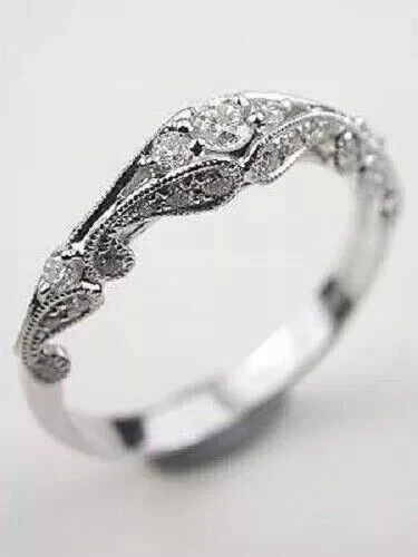 Vintage 1Ct Simulated Diamond Art Deco Wedding 14K White Gold Plated Band Ring