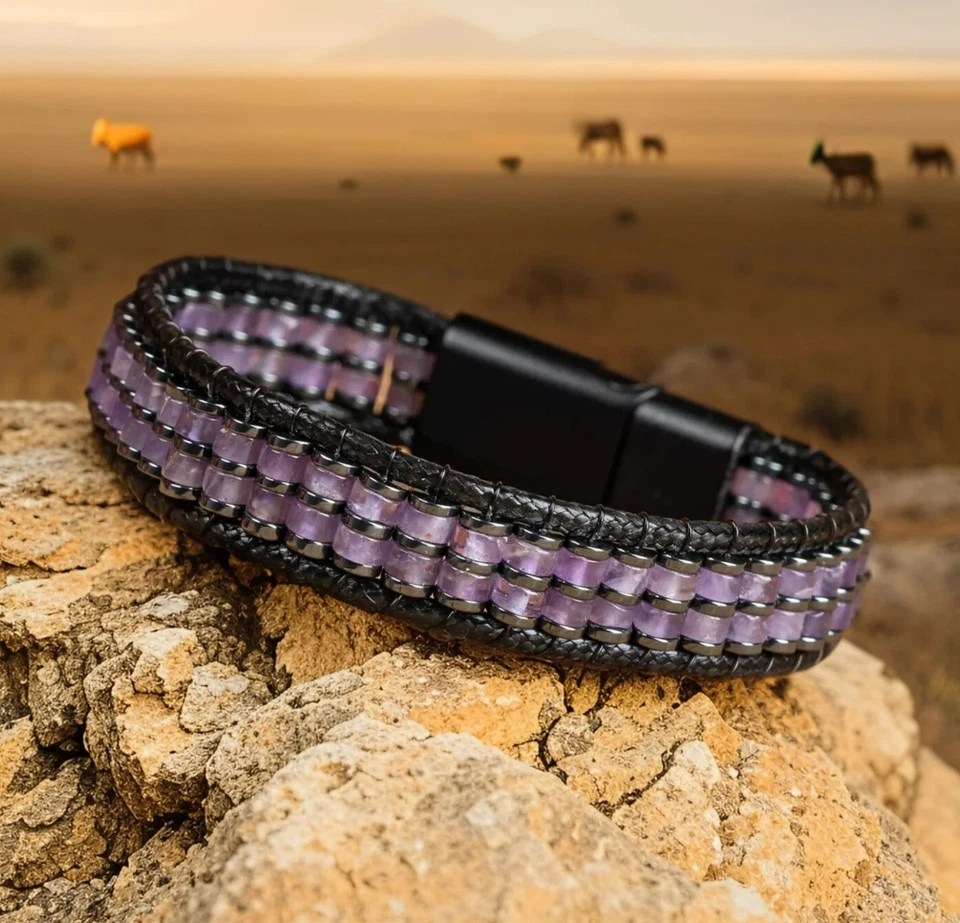 Pulsera de cuero para hombre con cuentas de amatista y hematita natural con piedras preciosas púrpuras Foto 2 de 4