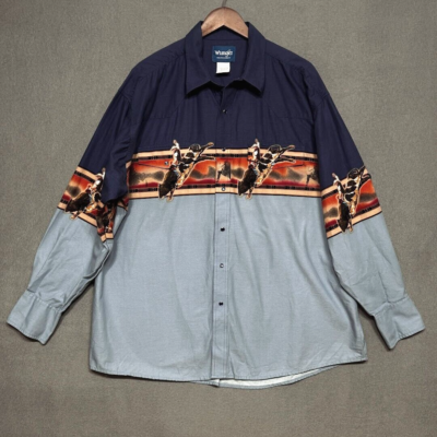 #ad Vtg Wrangler Shirt Mens XXL Bull Rider Wrap Around Aztec Western Pearl Snap 2XL $47.99