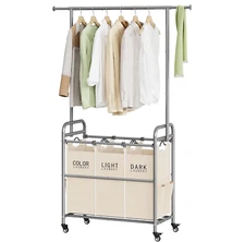Laundry Hamper with Hanging Rack, Laundry Sorter 3 Section, Rolling Laundry Cart
