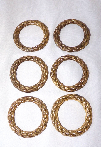 Set of 6 Textured Round Brass Napkin Rings Gold tone Original Box Tableware - Picture 6 of 11