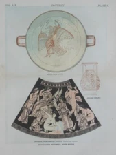 Original Antique Lithograph ANCIENT GREEK POTTERY Kylix Amphora Thetis & Peleus