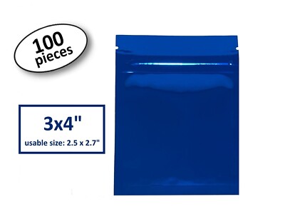 100PCS Smell Proof Mylar Bags 3X4''  Zip Seal Blue  Heat Sealable Baggies