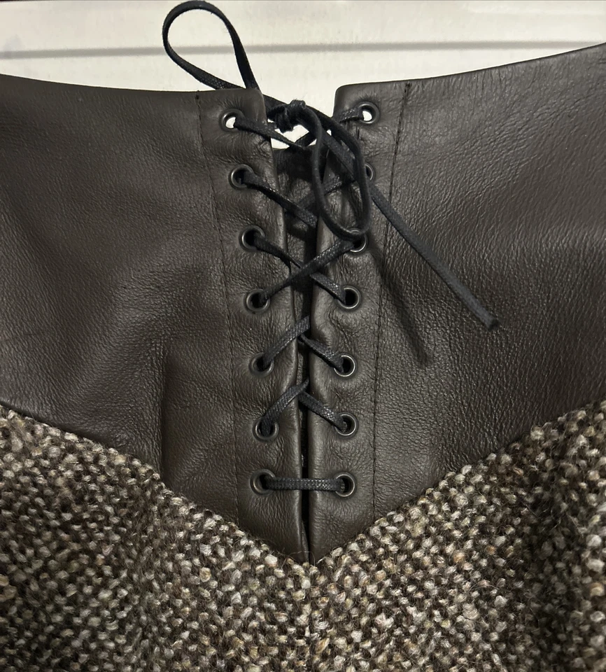 Philippe Adec Paris Marrón Lana Tweed Falda Línea A Cuero Corsé Con Cordones Cintura Foto 3 de 4