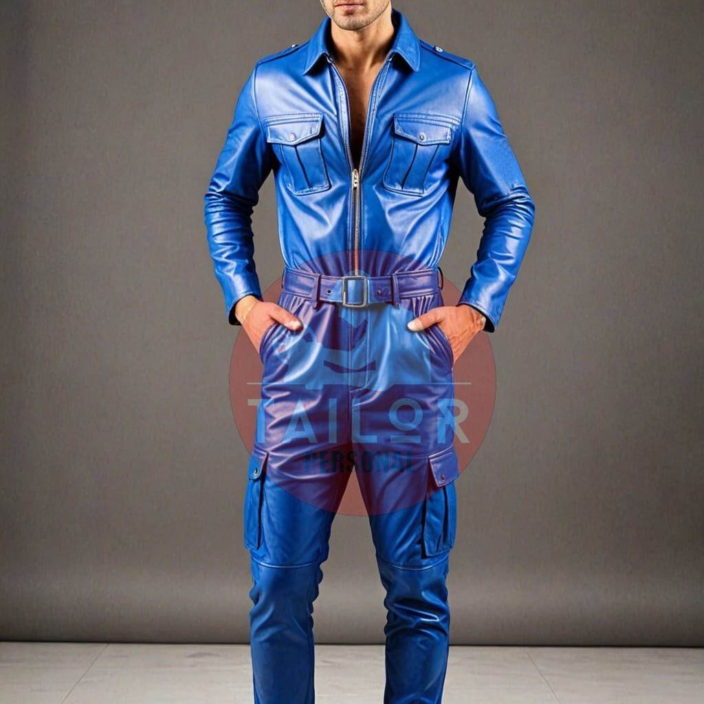 MEN'S SOFT BLUE LEATHER CATSUIT FRONT ZIPPER OVERALL JUMPSUIT