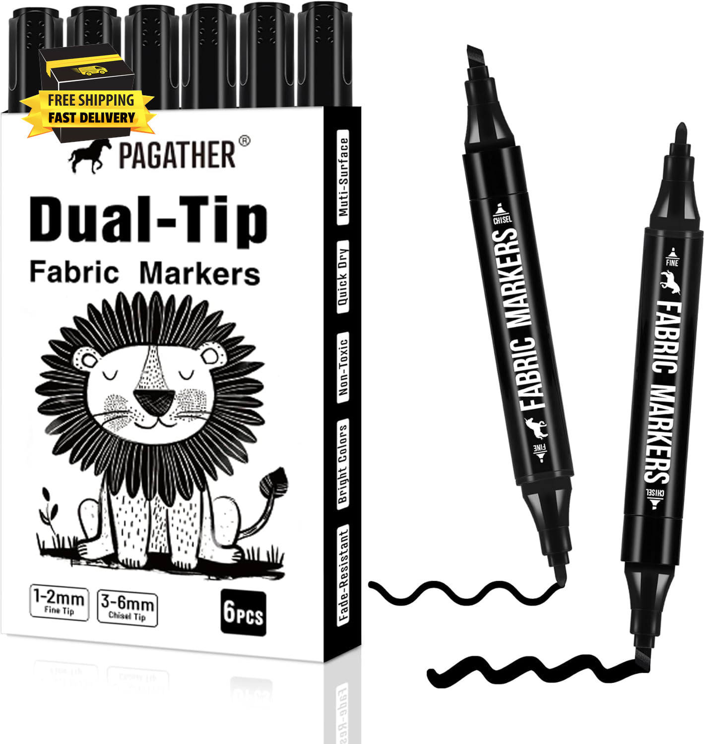 Permanent For Clothes, 6 Pack Black Dual Tip With Fine And C