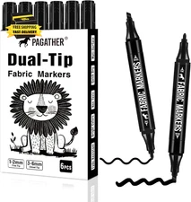 Fabric Markers Permanent for Clothes, 6 Pack Black Dual Tip with Fine and Chisel