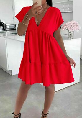 Womens Top V-Neck Smock Dress Summer Beach Pleated Swing Mini Dress Ladies  New | eBay