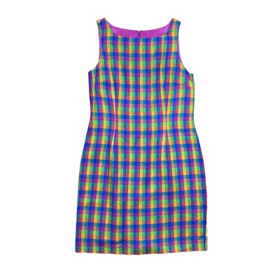 Vintage JBS Ltd Madras Plaid Sleeveless Sun Dress Womens 8P Blue Pink Yellow