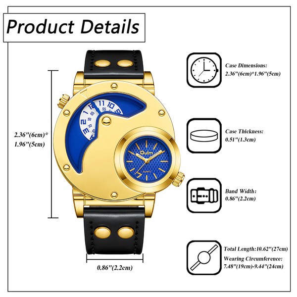 Reloj de pulsera para hombre, militar, cuarzo, analógico, esfera grande, doble huso horario, correa de cuero 2