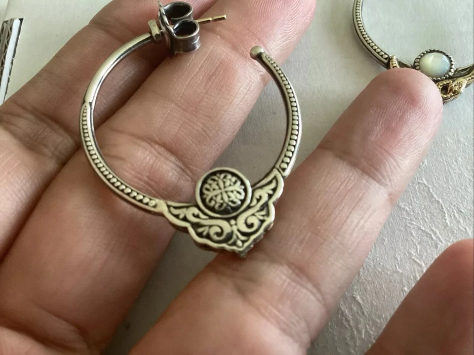 RARE Konstantino Mother of Pearl Hoop Earrings, Sterling Silver & 18K Gold - Image 4 of 4