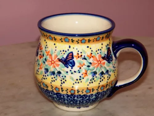Polish Pottery 16 oz. Bubble Mug!  UNIKAT Signature Butterfly Summer Pattern!