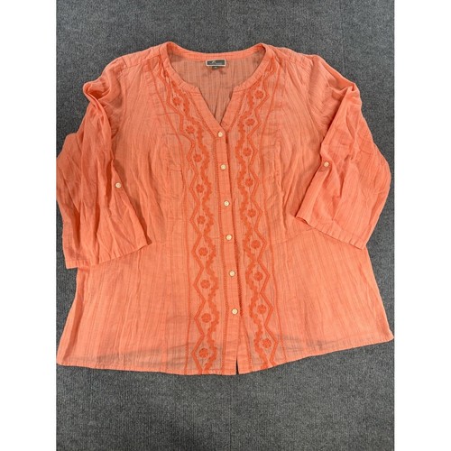 JM Collection 3X Coral Embroidered Cotton Top Boho Cottagecore Coastal Grandma