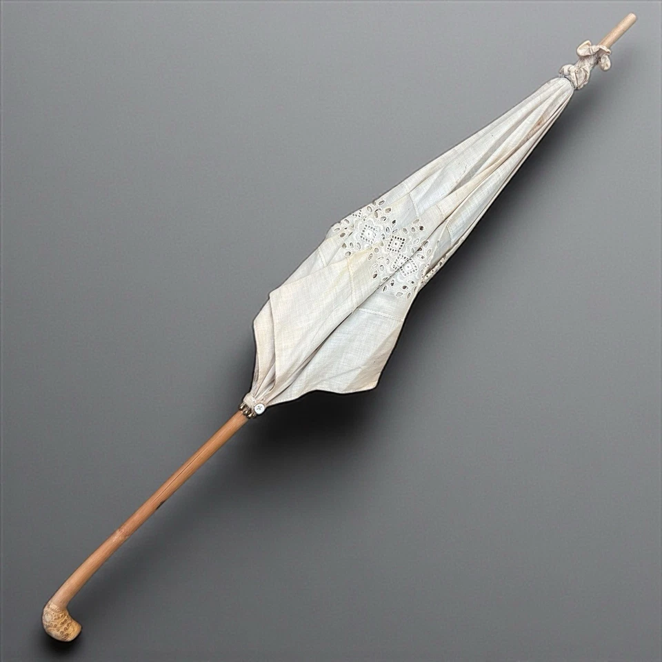 Antique Victorian White Linen Cutwork Embroidery Lace Parasol Umbrella Bamboo - Image 3 of 4