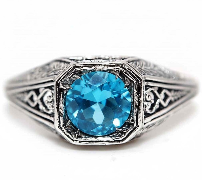 2CT Heat Treated Blue Topaz 925 Sterling Silver Nouveau Style Ring Sz 8 F9-1