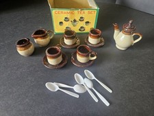 Vintage Kids Stoneware Small Tea Set 17 Pieces Two Tone Brown W/box