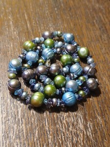 Aquamarine Chip+Pearl Necklace Blue Green Peacock Freshwater Baroque 925 18”