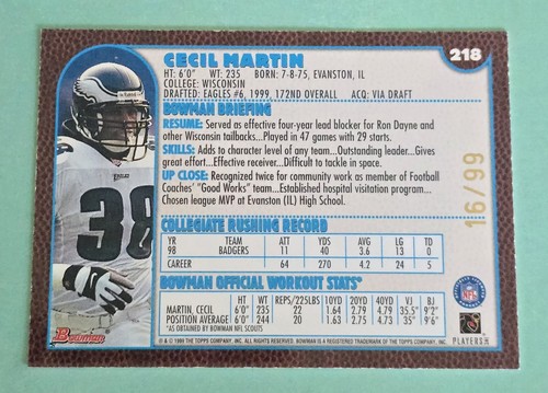 Bowman CECIL MARTIN 1999 novato paralelo dorado #/99 radiocontrol Philadelphia Eagles #218 - Imagen 2 de 2
